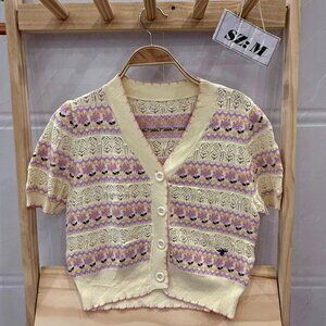Cream Lavender Floral Fair Isle Crochet Knit Cardigan Top